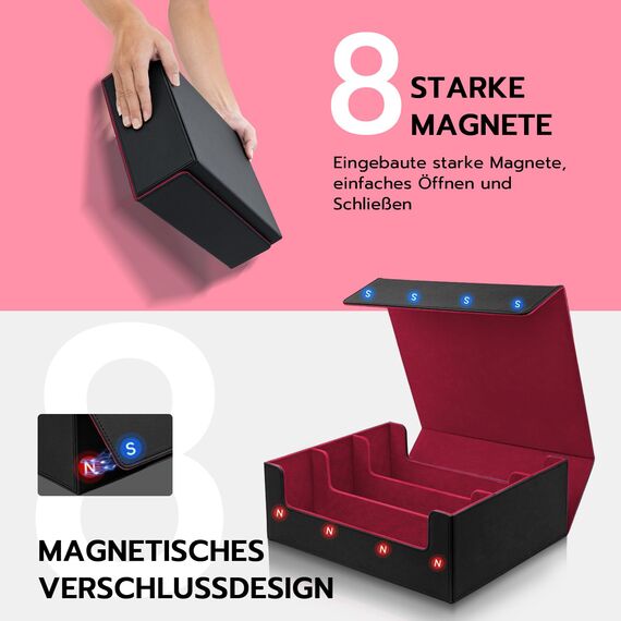 Tolesum Card Deck Box for MTG, Gathering Kartenbox für 1800+ Karten mit Trennwänden,PU Leder Starkes Magnetic Sammelkarten Aufbewahrungsbox Kompatibel Magic Commander TCG Karten[Schwarz & Rot]