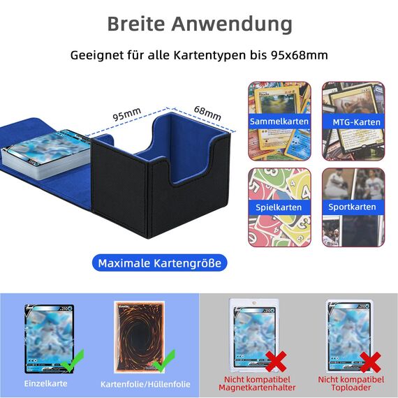 Tolesum Card Deck Box for MTG, Gathering Kartenbox für 100+ Karten, PU Leder Starkes Magnetic Sammelkarten Box Kompatibel Magic Commander TCG Karten (Horizontal-Schwarz und blau)