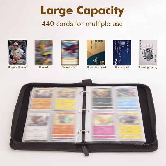 Kardition Sammelkarten Album - 440 Pockets PU Leather Trading Card Album, 4 Pockets Scrapbook for Cards with 55 Sleeves Binder Sheets for MTG Sports Card Collectors (Gelb)