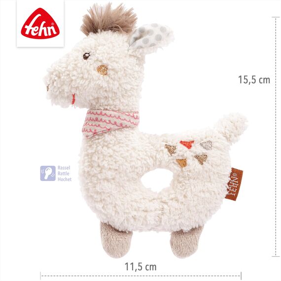 Fehn Baby Ring Greifling Lama - Kuscheltier Babyspielzeug mit Rassel - Motorikspielzeug für das spielerische Lernen - Plüschtier als Einschlafhilfe - Spielzeug für Babys & Kleinkinder ab 0+ Monaten