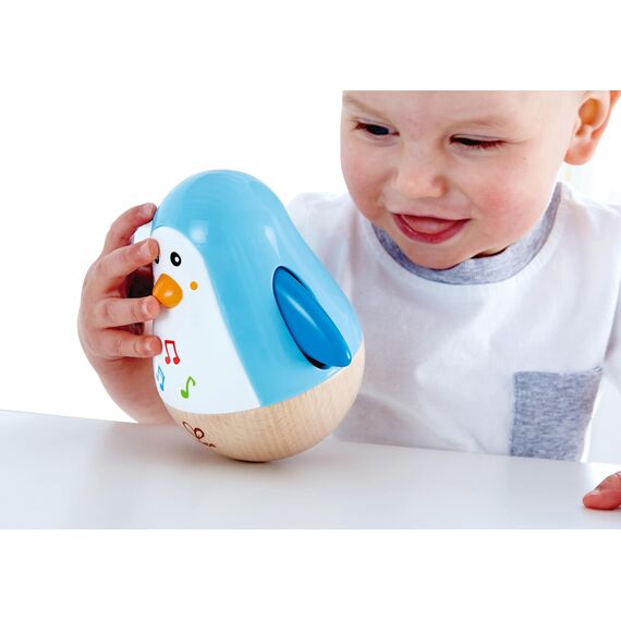 Hape Stehauf-Pinguin - Babyspielzeug aus Holz mit klingelnder Glocke, blau, Motorik- und Gleichgewichtsförderung, sensorisches Lernspielzeug für Babys ab 6 Monaten