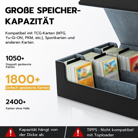 Tolesum Card Deck Box for MTG,Gathering Kartenbox für 1800+ Karten mit Trennwänden,PU Leder Starkes Magnetic Sammelkarten Aufbewahrungsbox Kompatibel Magic Commander TCG Karten[Schwarz&Grau]