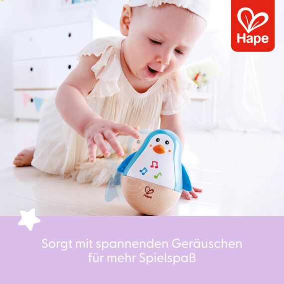 Hape Stehauf-Pinguin - Babyspielzeug aus Holz mit klingelnder Glocke, blau, Motorik- und Gleichgewichtsförderung, sensorisches Lernspielzeug für Babys ab 6 Monaten
