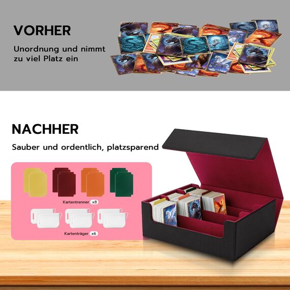 Tolesum Card Deck Box for MTG, Gathering Kartenbox für 1800+ Karten mit Trennwänden,PU Leder Starkes Magnetic Sammelkarten Aufbewahrungsbox Kompatibel Magic Commander TCG Karten[Schwarz & Rot]