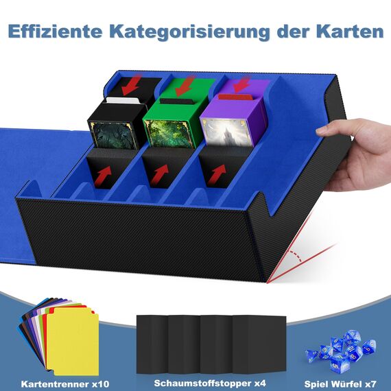 Mlikero Sammelkarten-Aufbewahrungsbox für 2400+ Karten, Magnetische Karten Deck-Box mit 10 Kartenteilern und 4 Schaumstoffstoppern, Leder Commander Deck-Box Fit für MTG, TCG (4 Reihen, Schwarz&Blau)
