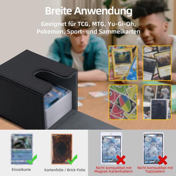 Tolesum Card Deck Box for MTG, Gathering Kartenbox für 100+ Karten, PU Leder Starkes Magnetic Sammelkarten Box Kompatibel Magic Commander TCG Karten (Vertikal-Schwarz)