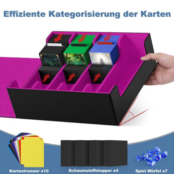 Mlikero Sammelkarten-Aufbewahrungsbox für 2400+ Karten, Magnetische Karten Deck-Box mit 10 Kartenteilern und 4 Schaumstoffstoppern, Leder Commander Deck-Box Fit für MTG, TCG (4 Reihen, Schwarz&Lila)