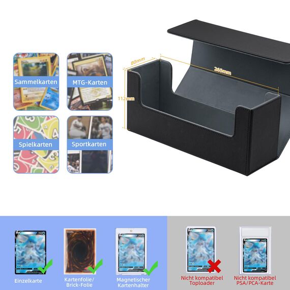 Tolesum Card Deck Box for MTG, Gathering Kartenbox für 580+ Ungesleevte Karten/ 35pt/130pt Sammelkarten Hüllen, PU Leder Magnetic Sammelkarten Box Kompatibel Magic Commander TCG Karten-Schwarz&Grau