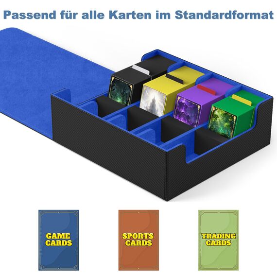 Mlikero Sammelkarten-Aufbewahrungsbox für 2400+ Karten, Magnetische Karten Deck-Box mit 10 Kartenteilern und 4 Schaumstoffstoppern, Leder Commander Deck-Box Fit für MTG, TCG (4 Reihen, Schwarz&Blau)