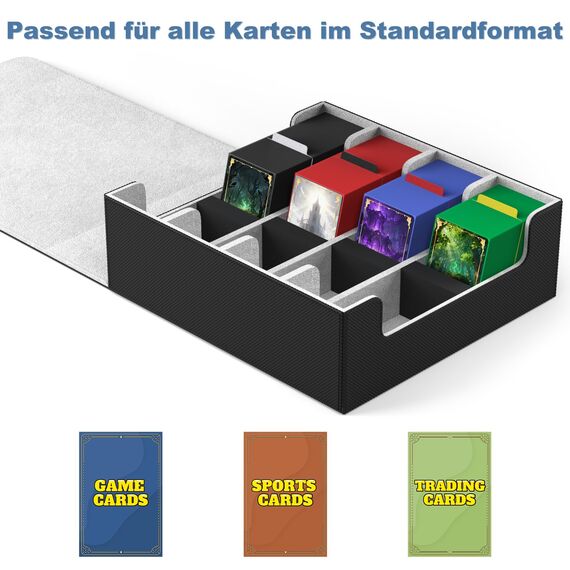 Mlikero Sammelkarten-Aufbewahrungsbox für 2400+ Karten, Magnetische Karten Deck-Box mit 10 Kartenteilern und 4 Schaumstoffstoppern, Leder Commander Deck-Box Fit für MTG, TCG (4 Reihen, Schwarz&Grau)