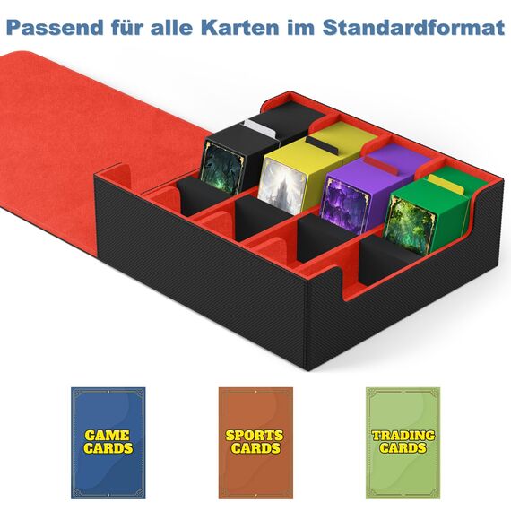Mlikero Sammelkarten-Aufbewahrungsbox für 2400+ Karten, Magnetische Karten Deck-Box mit 10 Kartenteilern und 4 Schaumstoffstoppern, Leder Commander Deck-Box Fit für MTG, TCG (4 Reihen, Schwarz&Rot)