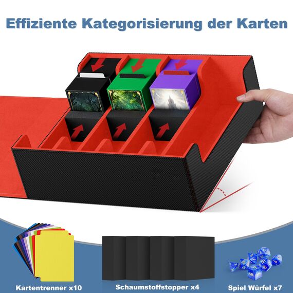 Mlikero Sammelkarten-Aufbewahrungsbox für 2400+ Karten, Magnetische Karten Deck-Box mit 10 Kartenteilern und 4 Schaumstoffstoppern, Leder Commander Deck-Box Fit für MTG, TCG (4 Reihen, Schwarz&Rot)