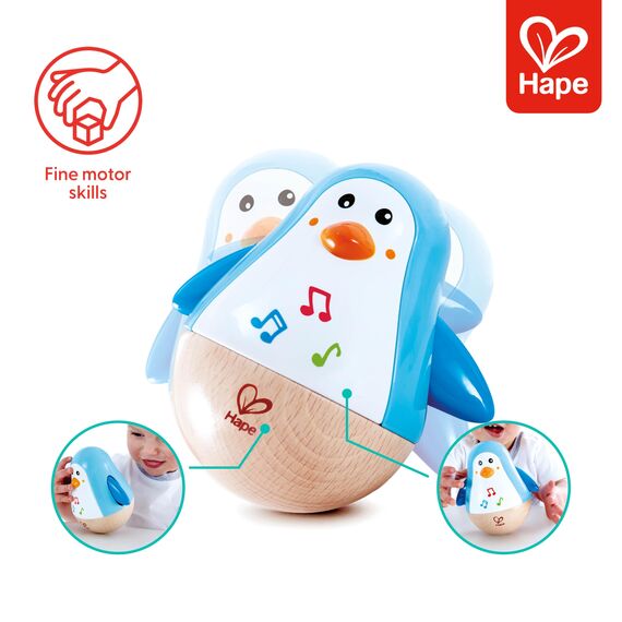Hape Stehauf-Pinguin - Babyspielzeug aus Holz mit klingelnder Glocke, blau, Motorik- und Gleichgewichtsförderung, sensorisches Lernspielzeug für Babys ab 6 Monaten