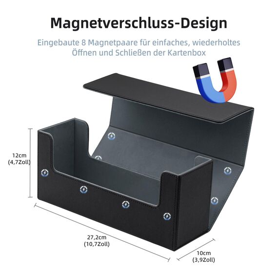 Tolesum Card Deck Box for MTG, Gathering Kartenbox für 580+ Ungesleevte Karten/ 35pt/130pt Sammelkarten Hüllen, PU Leder Magnetic Sammelkarten Box Kompatibel Magic Commander TCG Karten-Schwarz&Grau