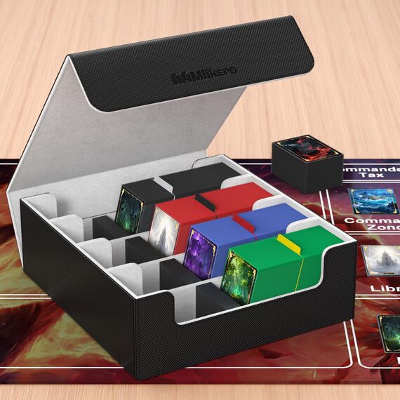 Mlikero Sammelkarten-Aufbewahrungsbox für 2400+ Karten, Magnetische Karten Deck-Box mit 10 Kartenteilern und 4 Schaumstoffstoppern, Leder Commander Deck-Box Fit für MTG, TCG (4 Reihen, Schwarz&Grau)