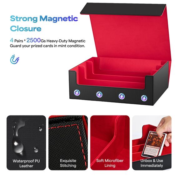 UAONO Sammelkarten-Aufbewahrungsboxen für 1800+ Karten, Premium Magnetic Deck Boxen, Leather Deck Case mit Trennwänden, Spielkarten Deck Boxe für TCG MTG YuGiOh Karten (Schwarz und Rot)