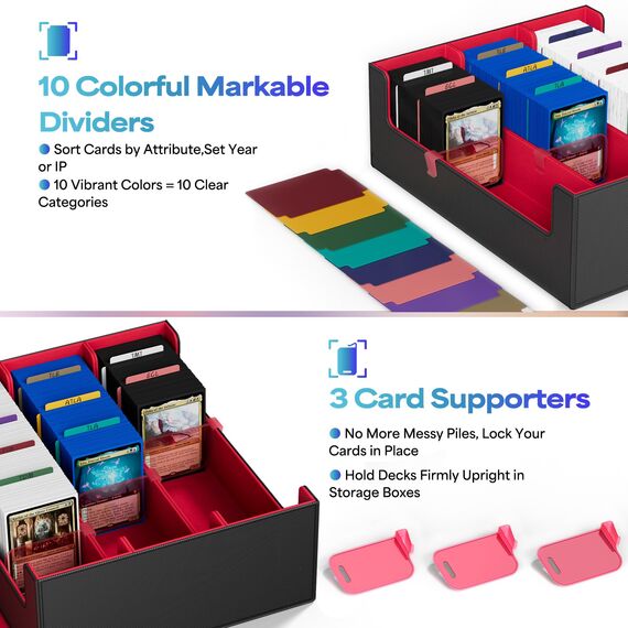 UAONO Sammelkarten-Aufbewahrungsboxen für 1800+ Karten, Premium Magnetic Deck Boxen, Leather Deck Case mit Trennwänden, Spielkarten Deck Boxe für TCG MTG YuGiOh Karten (Schwarz und Rot)