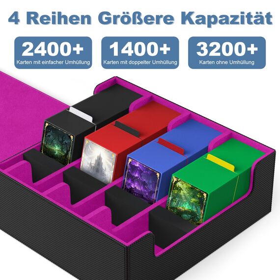Mlikero Sammelkarten-Aufbewahrungsbox für 2400+ Karten, Magnetische Karten Deck-Box mit 10 Kartenteilern und 4 Schaumstoffstoppern, Leder Commander Deck-Box Fit für MTG, TCG (4 Reihen, Schwarz&Lila)
