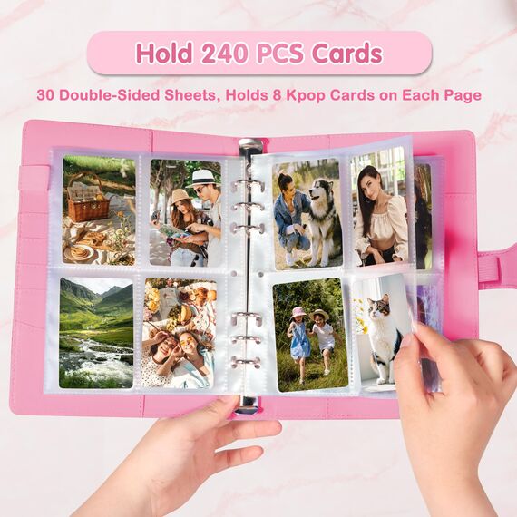 A5 Kpop Photocard Holder Book with 30 Pack 4-Pocket Refill Pages, A5 6 Ring Binder 2.5x3.5 Photo Collector and Sleeves (Rose Pink)