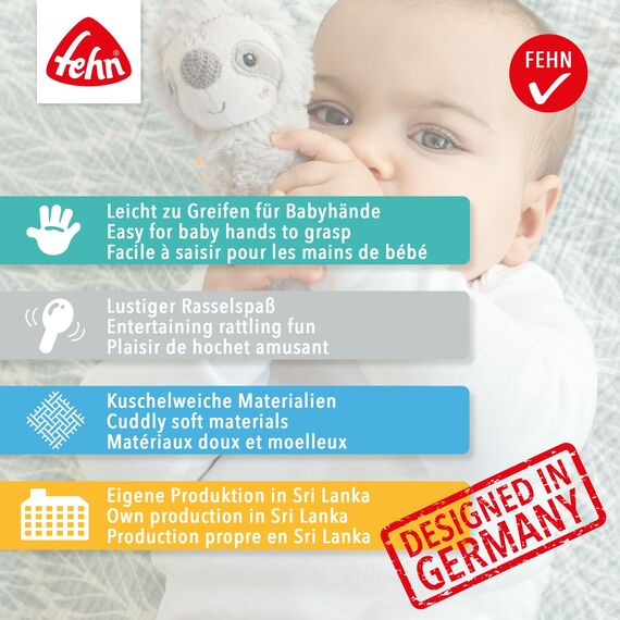 Fehn Baby Ring Greifling Lama - Kuscheltier Babyspielzeug mit Rassel - Motorikspielzeug für das spielerische Lernen - Plüschtier als Einschlafhilfe - Spielzeug für Babys & Kleinkinder ab 0+ Monaten