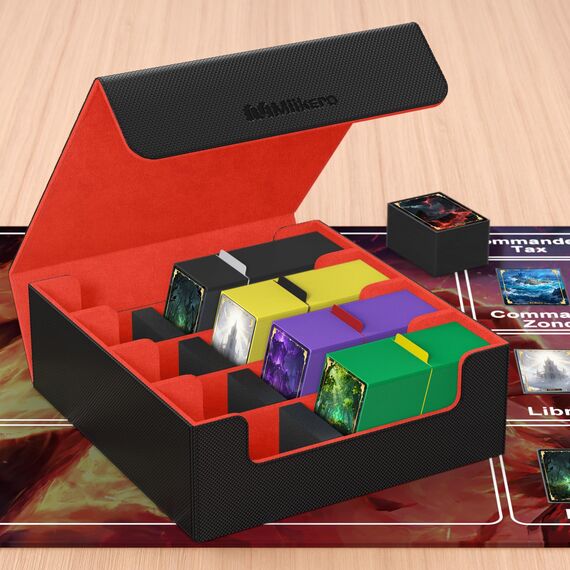 Mlikero Sammelkarten-Aufbewahrungsbox für 2400+ Karten, Magnetische Karten Deck-Box mit 10 Kartenteilern und 4 Schaumstoffstoppern, Leder Commander Deck-Box Fit für MTG, TCG (4 Reihen, Schwarz&Rot)