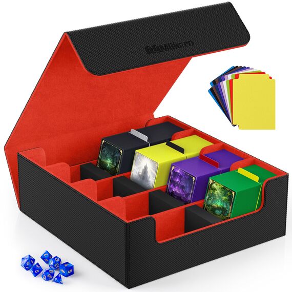 Mlikero Sammelkarten-Aufbewahrungsbox für 2400+ Karten, Magnetische Karten Deck-Box mit 10 Kartenteilern und 4 Schaumstoffstoppern, Leder Commander Deck-Box Fit für MTG, TCG (4 Reihen, Schwarz&Rot)
