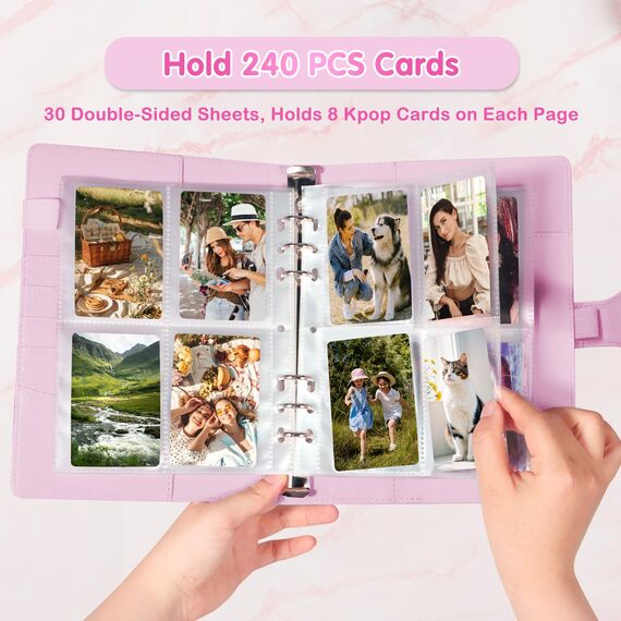 A5-Bindekarte Sammler mit 30 Pack 4-Pocket-Seiten,6 Ringbuch-Album mit 240 Kartenfächern, PU-Leder-Bindemittel mit magnetischem Schnallenverschluss zum Organisieren von Sammelkarten, K-Pop-Fotokarten