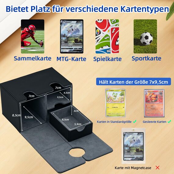 Tolesum Card Deck Box for MTG, Kartenbox mit Würfel Tray, Gathering Aufbewahrungsbox für 200+Karten, PU Leder Starkes Magnetic Sammelkarten Box Kompatibel Magic Commander TCG Karten -(Schwarz)