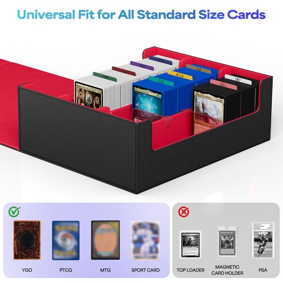 UAONO Sammelkarten-Aufbewahrungsboxen für 1800+ Karten, Premium Magnetic Deck Boxen, Leather Deck Case mit Trennwänden, Spielkarten Deck Boxe für TCG MTG YuGiOh Karten (Schwarz und Rot)