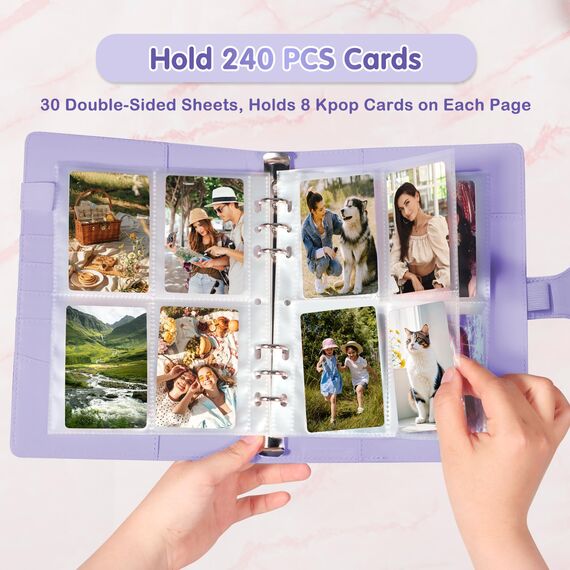 A5-Bindekarte Sammler mit 30 Pack 4-Pocket-Seiten,6 Ringbuch-Album mit 240 Kartenfächern, PU-Leder-Bindemittel mit magnetischem Schnallenverschluss zum Organisieren von Sammelkarten, K-Pop-Fotokarten