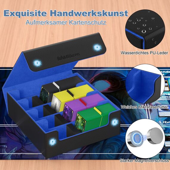 Mlikero Sammelkarten-Aufbewahrungsbox für 2400+ Karten, Magnetische Karten Deck-Box mit 10 Kartenteilern und 4 Schaumstoffstoppern, Leder Commander Deck-Box Fit für MTG, TCG (4 Reihen, Schwarz&Blau)