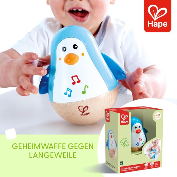 Hape Stehauf-Pinguin - Babyspielzeug aus Holz mit klingelnder Glocke, blau, Motorik- und Gleichgewichtsförderung, sensorisches Lernspielzeug für Babys ab 6 Monaten