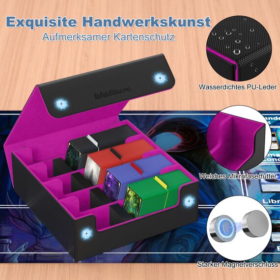 Mlikero Sammelkarten-Aufbewahrungsbox für 2400+ Karten, Magnetische Karten Deck-Box mit 10 Kartenteilern und 4 Schaumstoffstoppern, Leder Commander Deck-Box Fit für MTG, TCG (4 Reihen, Schwarz&Lila)