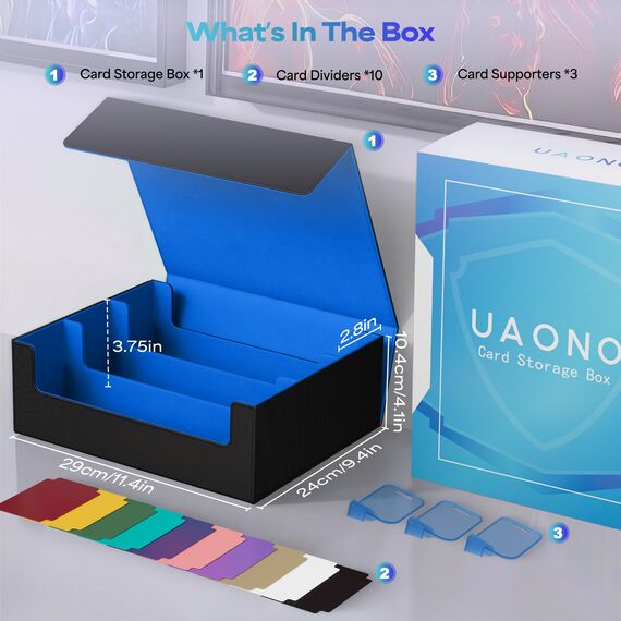 UAONO Sammelkarten-Aufbewahrungsboxen für 1800+ Karten, Premium Magnetic Deck Boxen, Leather Deck Case mit Trennwänden, Spielkarten Deck Boxe für TCG MTG YuGiOh Karten (Schwarz und blau)