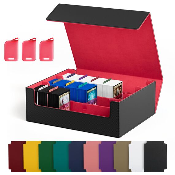 UAONO Sammelkarten-Aufbewahrungsboxen für 1800+ Karten, Premium Magnetic Deck Boxen, Leather Deck Case mit Trennwänden, Spielkarten Deck Boxe für TCG MTG YuGiOh Karten (Schwarz und Rot)