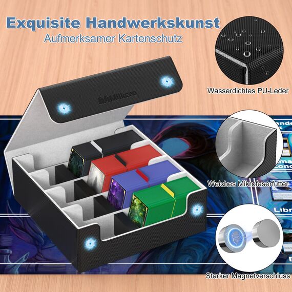 Mlikero Sammelkarten-Aufbewahrungsbox für 2400+ Karten, Magnetische Karten Deck-Box mit 10 Kartenteilern und 4 Schaumstoffstoppern, Leder Commander Deck-Box Fit für MTG, TCG (4 Reihen, Schwarz&Grau)
