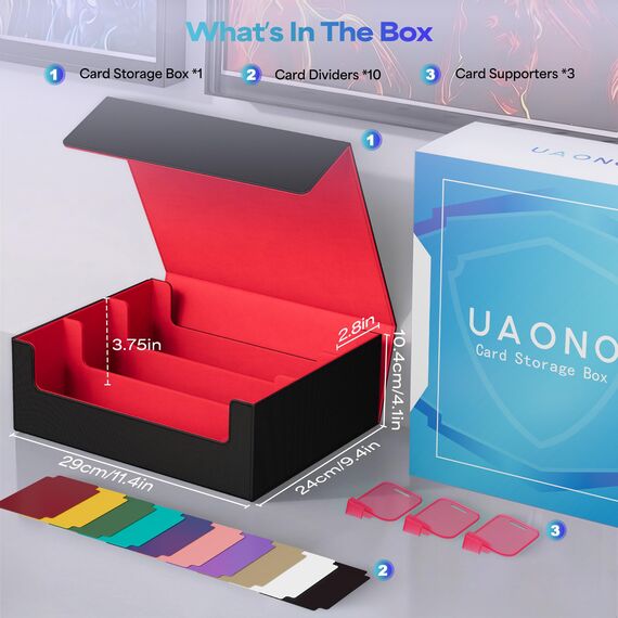 UAONO Sammelkarten-Aufbewahrungsboxen für 1800+ Karten, Premium Magnetic Deck Boxen, Leather Deck Case mit Trennwänden, Spielkarten Deck Boxe für TCG MTG YuGiOh Karten (Schwarz und Rot)
