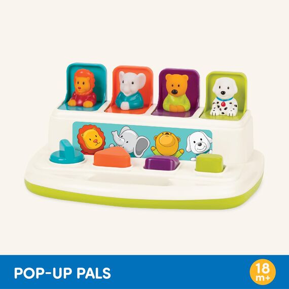 Battat - Pop-Up-Kameraden - Ursache-Wirkung-Spielzeug - 4 Pop-Up-Tiere - Entwicklungsförderndes Spielzeug mit Knöpfen und Farben - Für Kleinkinder, Kinder, Babies - 18 Monate +