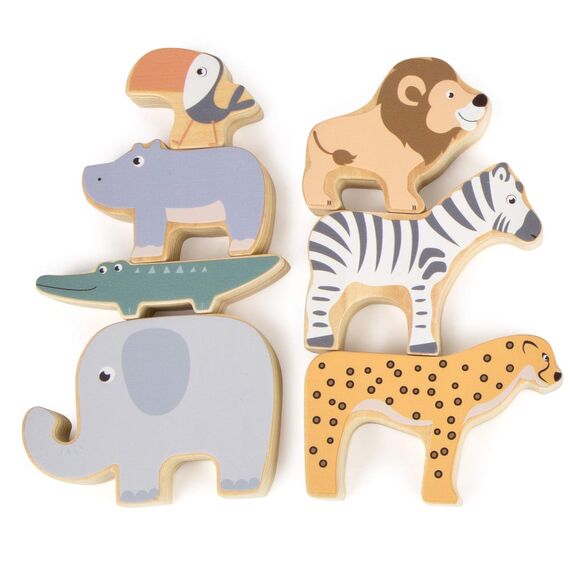 small foot Stapeltiere "Safari" Stapel-und Balancierspiel mit 7 Tierfiguren aus Holz, ab 1 Jahr, 11704