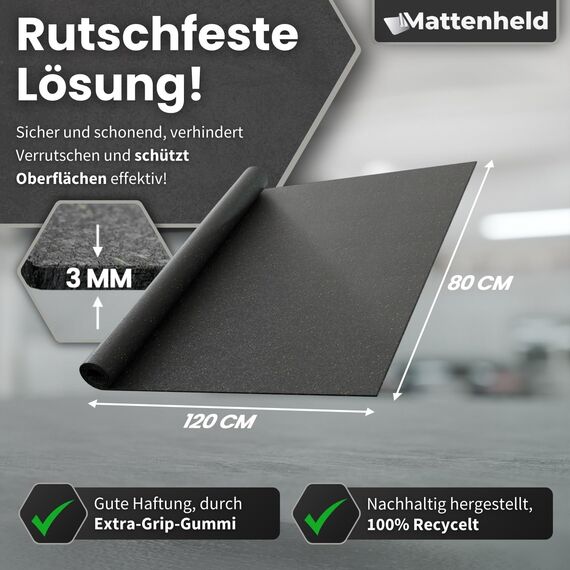 Mattenheld® Antirutschmatte Ladungssicherung 120x80x0,3 cm | Rutschhemmende & genormte Gummigranulatmatte | Ideale Sicherung von Ware im LKW, Anhänger & als Kofferraummatte | Bautenschutzmatte 3mm