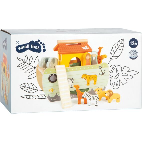 small foot Steckspiel Arche Noah „Safari“, Motorikspielzeug aus Holz mit 15 Tierfiguren, Taufgeschenke für Mädchen und Jungen, für Kinder ab 12 Monaten, 12456