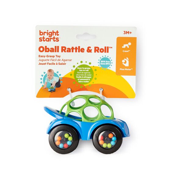 Bright Starts, Oball, Spielzeugauto mit Rassel, Motorikspielzeug für Babys und Kleinkinder ab 3 Monaten, 1 Stück, Zufälliger Farbe blau oder rot