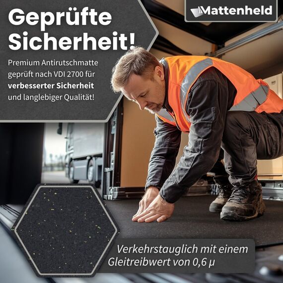 Mattenheld® Antirutschmatte Ladungssicherung 120x80x0,3 cm | Rutschhemmende & genormte Gummigranulatmatte | Ideale Sicherung von Ware im LKW, Anhänger & als Kofferraummatte | Bautenschutzmatte 3mm