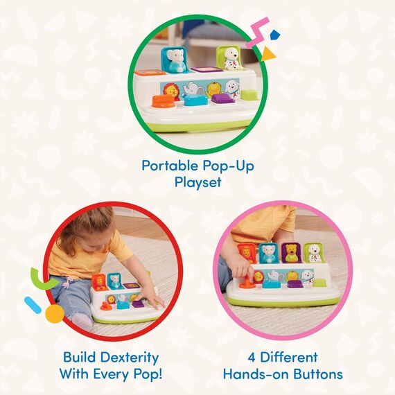 Battat - Pop-Up-Kameraden - Ursache-Wirkung-Spielzeug - 4 Pop-Up-Tiere - Entwicklungsförderndes Spielzeug mit Knöpfen und Farben - Für Kleinkinder, Kinder, Babies - 18 Monate +