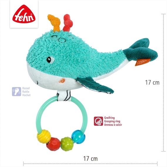 Fehn Perlenring Wal – Greifling zum Rasseln, Fühlen, Spielen mit kuschelweicher Stoff-Figur – ein treuer Begleiter für Babys und Kleinkinder ab 0+ Monaten