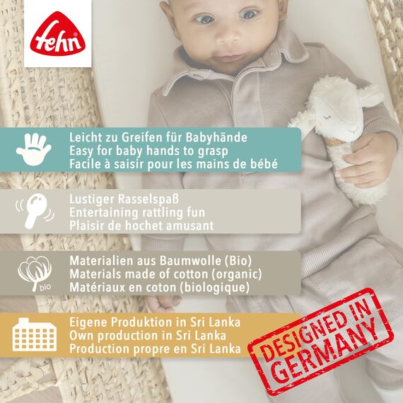 Fehn Baby Ring Greifling Hase – Kuscheltier aus Baumwolle – Babyspielzeug mit Rassel zum spielerischen Lernen – Greif Spielzeug für Babys und Kleinkinder ab 0+ Monaten