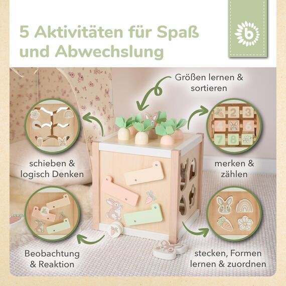 Bieco Motorikwürfel XXL aus Holz FSC® – Montessori Activity Cube ab 12 Monaten – Karotten-Steckspiel (Größen sortieren) & Kugelbahn – Zahlen/Motive, Memory, Schiebelabyrinth – Design Hase