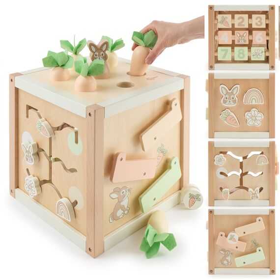 Bieco Motorikwürfel XXL aus Holz FSC® – Montessori Activity Cube ab 12 Monaten – Karotten-Steckspiel (Größen sortieren) & Kugelbahn – Zahlen/Motive, Memory, Schiebelabyrinth – Design Hase