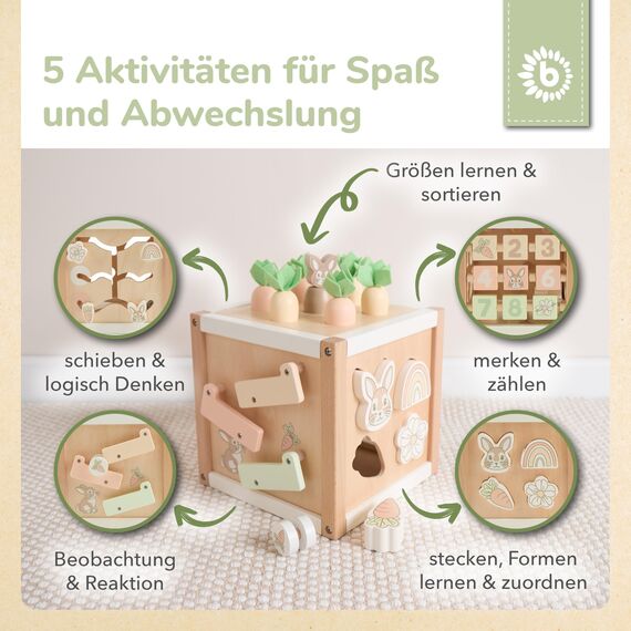 Bieco Motorikwürfel aus Holz FSC® – Montessori Activity Cube ab 12 Monaten – Karotten-Steckspiel (Größen sortieren) & Kugelbahn – Zahlen/Motive, Memory, Schiebelabyrinth – Design Hase