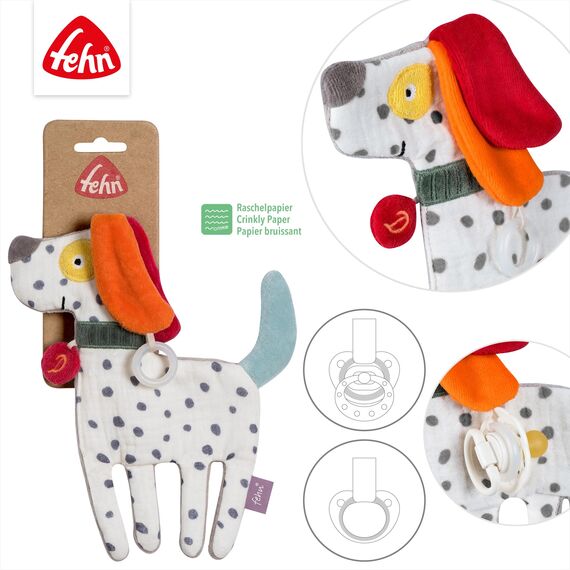 Fehn Knister-Hund – Activity-Rascheltier aus Baumwolle – Babyspielzeug zum Greifen, Spielen und Geräusche erzeugen – optimaler Begleiter für Babys und Kleinkinder ab 0+ Monaten